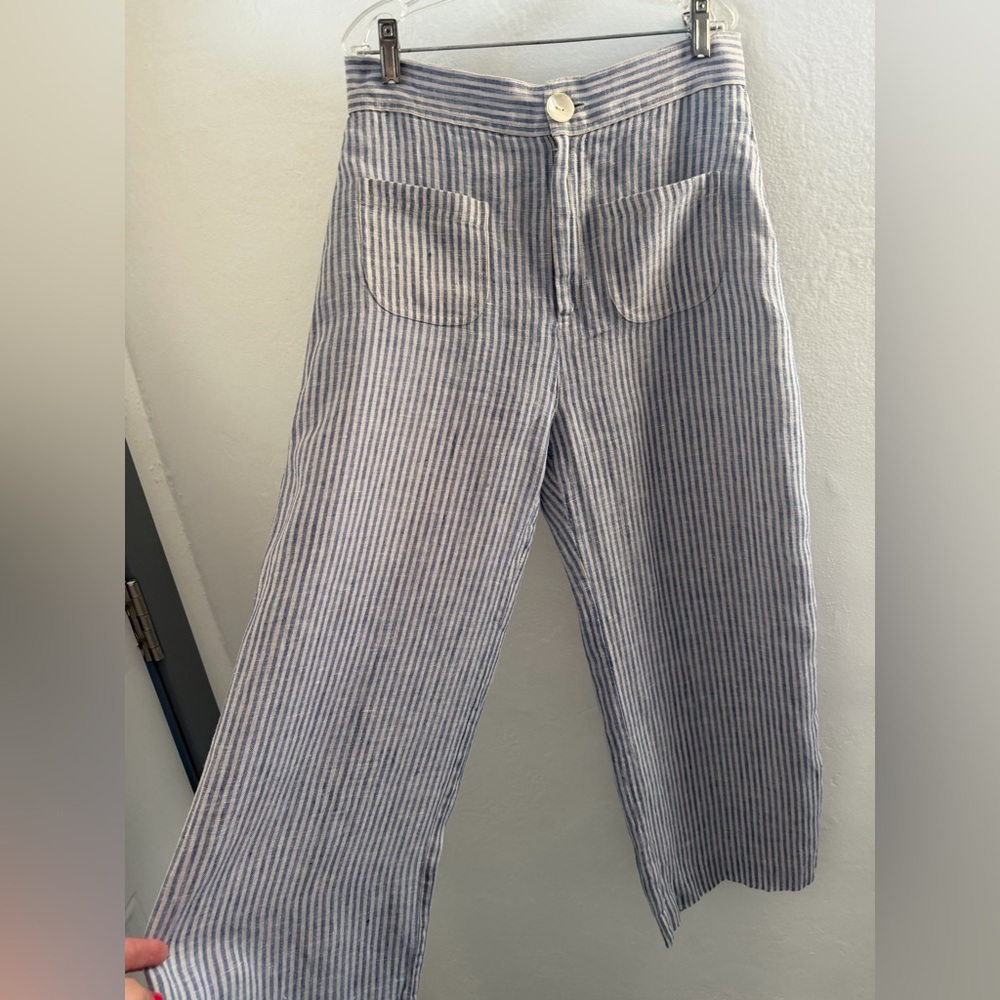 De Castro Blue White Striped 100% Linen Cropped Wide Leg Pants M - Picture 2 of 9
